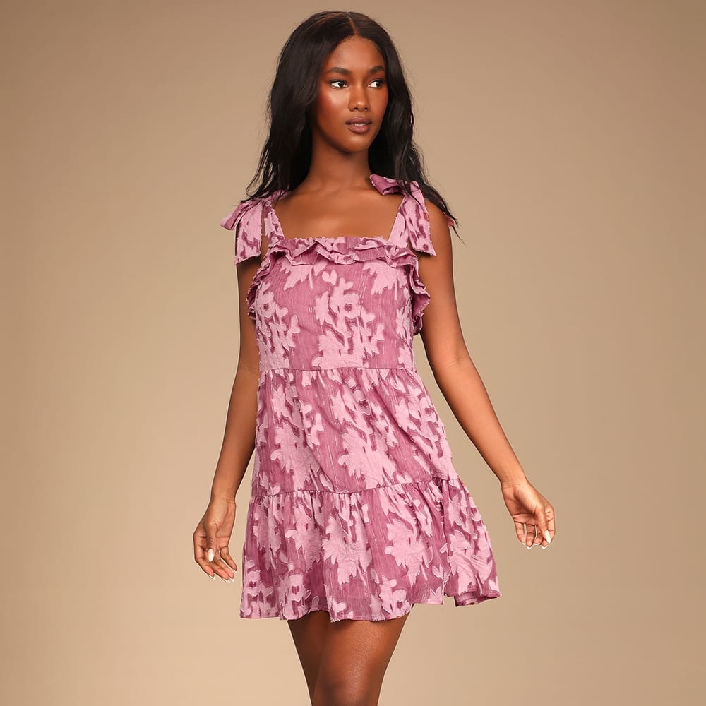 Rush of romance mauve burn-out tie tiered mini dress